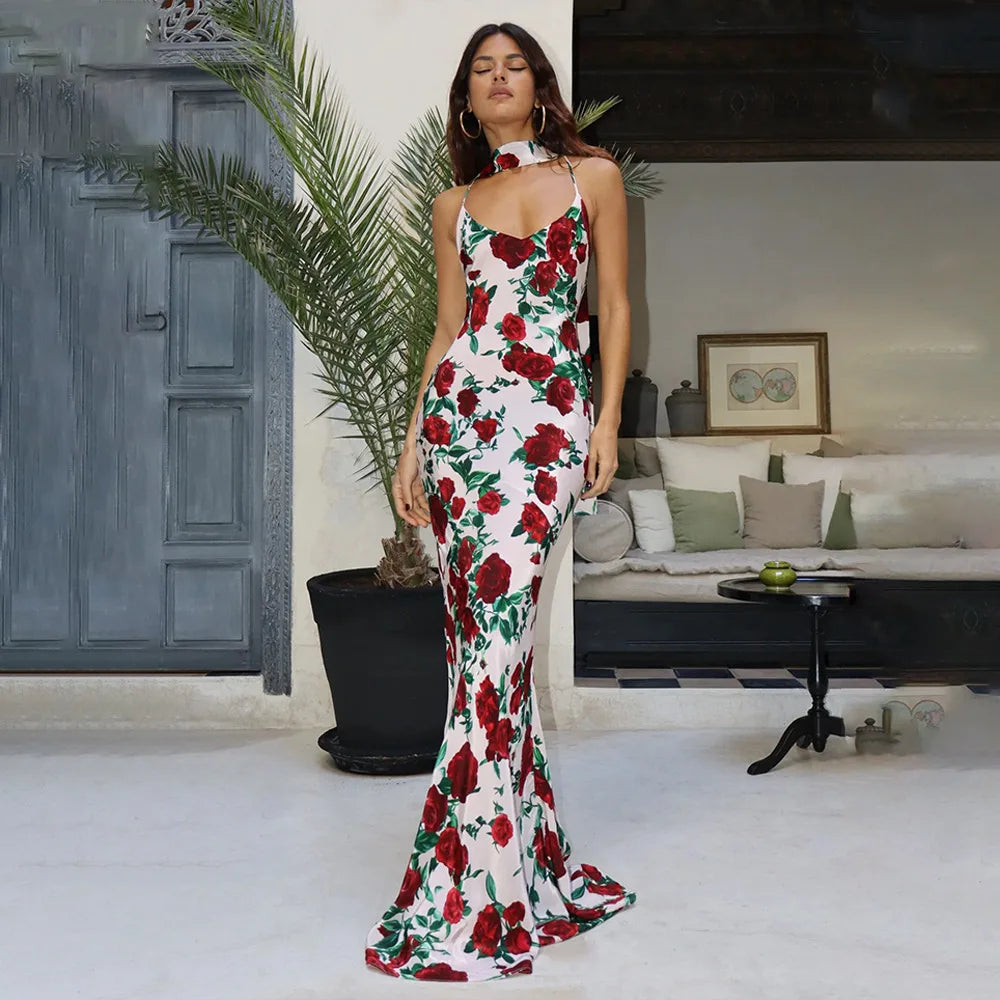 Floral Print Backless Maxi Dress
