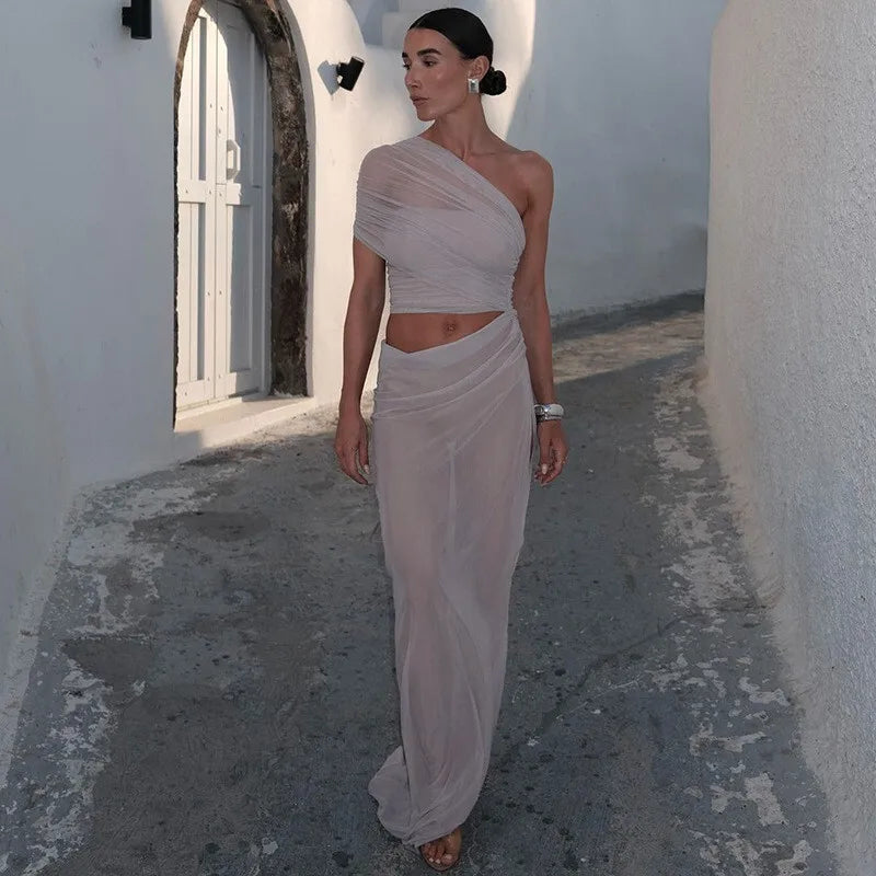 Mesh Backless One-Shoulder Long Dress