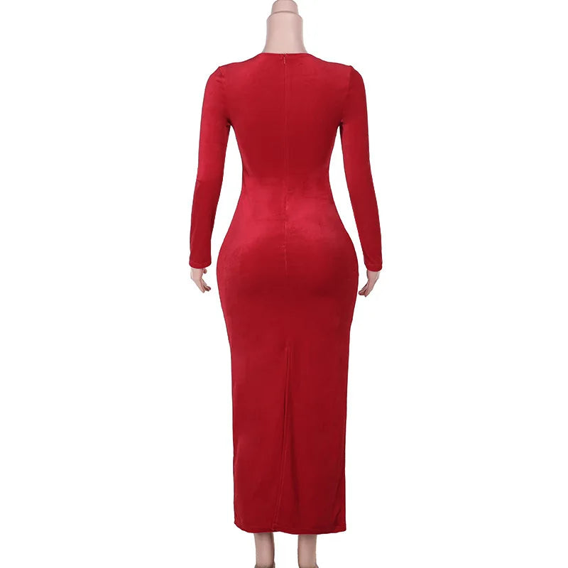 Red Long Sleeve Side Slit Dress