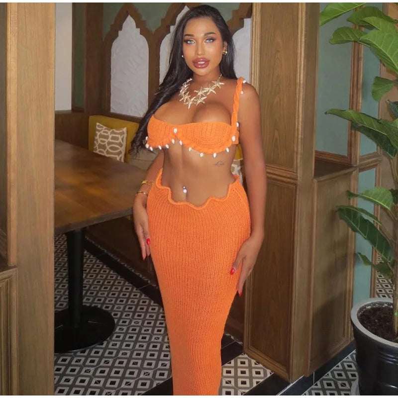 Shell Crop Tops Suit With Split Long Skirt