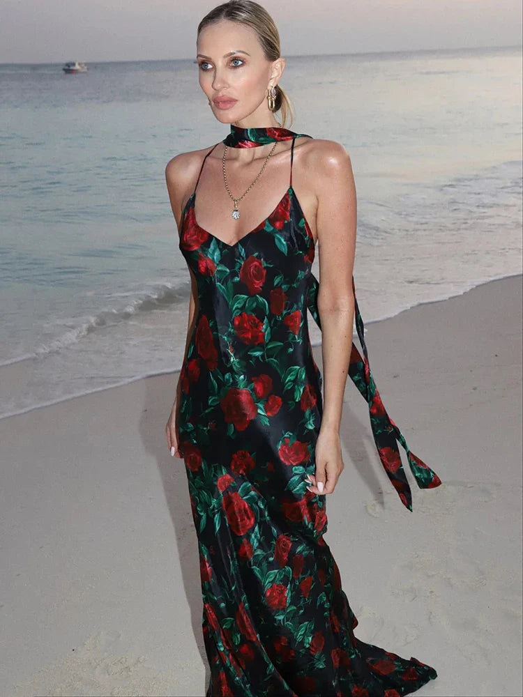 Floral Print Backless Maxi Dress