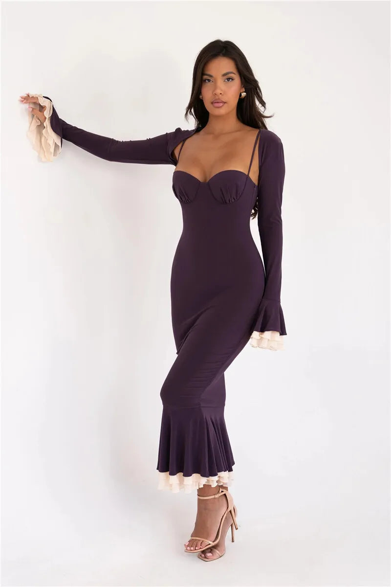 Patchwork Square Collar Evening Fishtail Dress