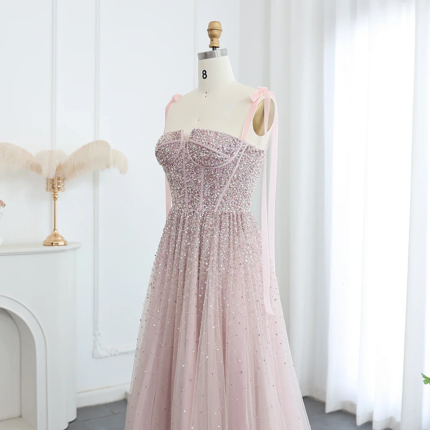 Beaded Wine Red Evening Gown with Straps