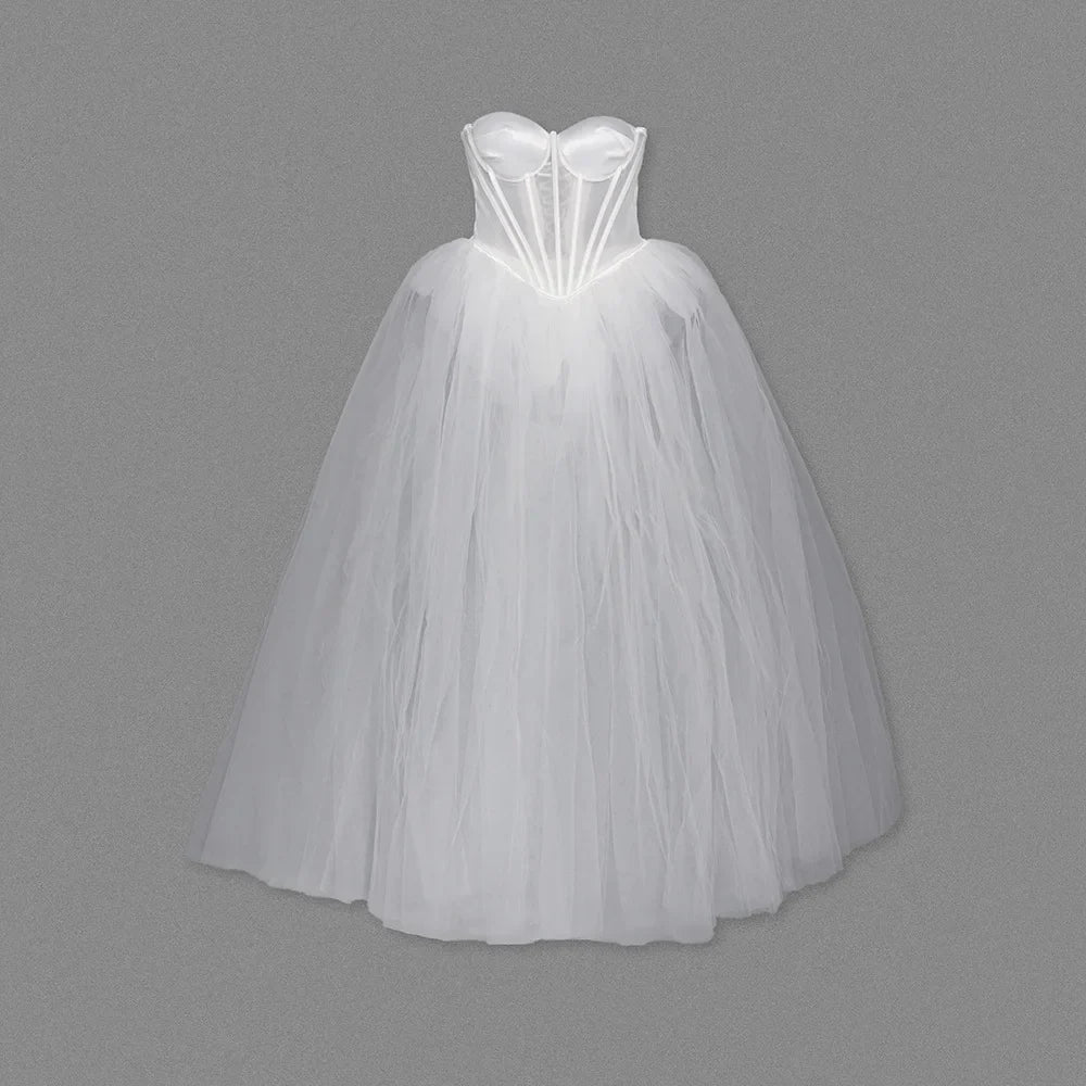 Strapless Mesh White A Line Maxi Long Dress