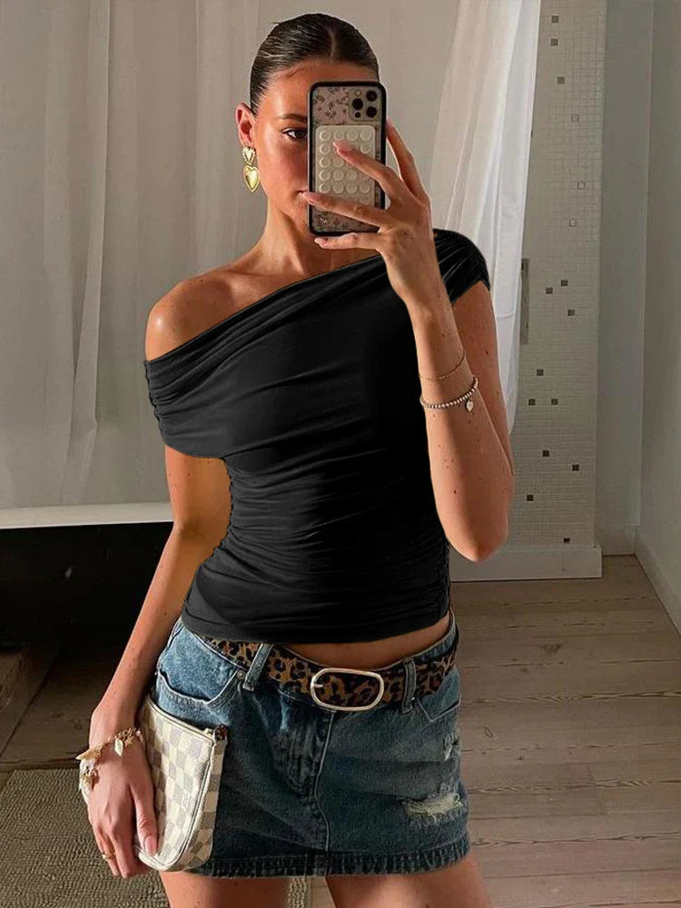 Slash Neck Shirring Bandage Solid Top