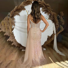 Mermaid Pearls Spaghetti Strap Side Slit Prom Gown