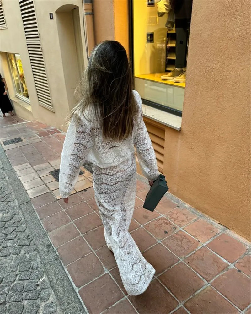 White Lace Two-Piece Loose Trouser Set
