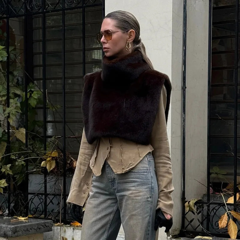 Turtleneck Faux Fur Sleeveless Jacket
