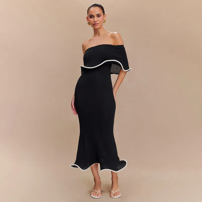 Strapless Ruffles Black Midi Dress