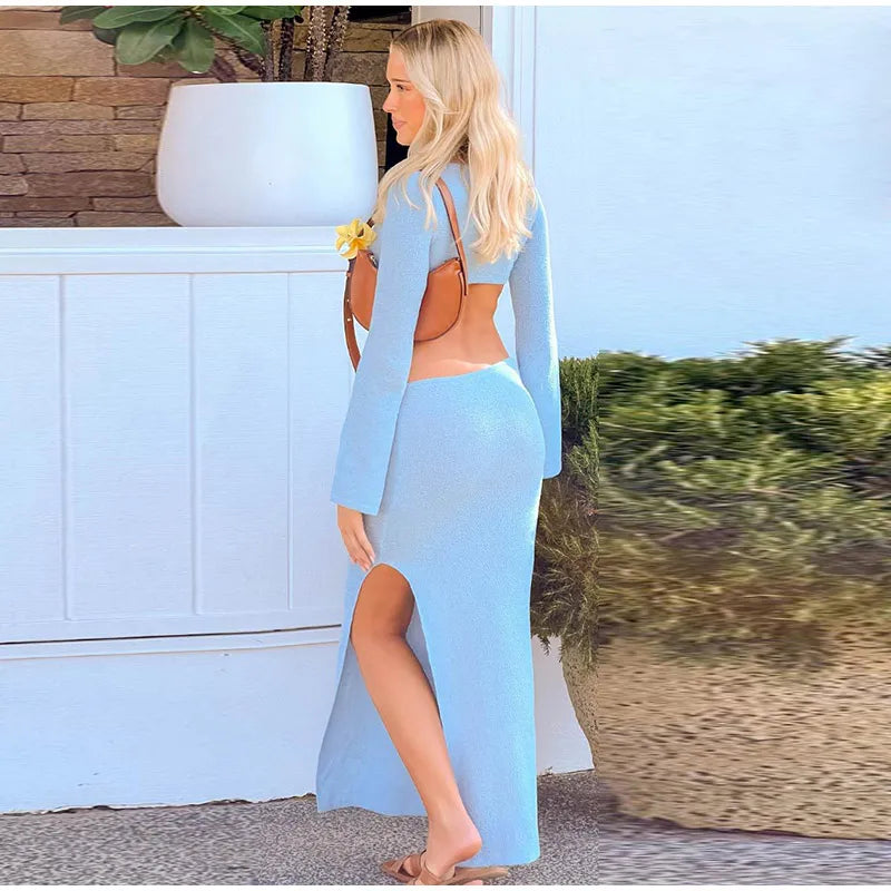 Knitted Hollow Out Solid O-neck Slit Maxi Dress