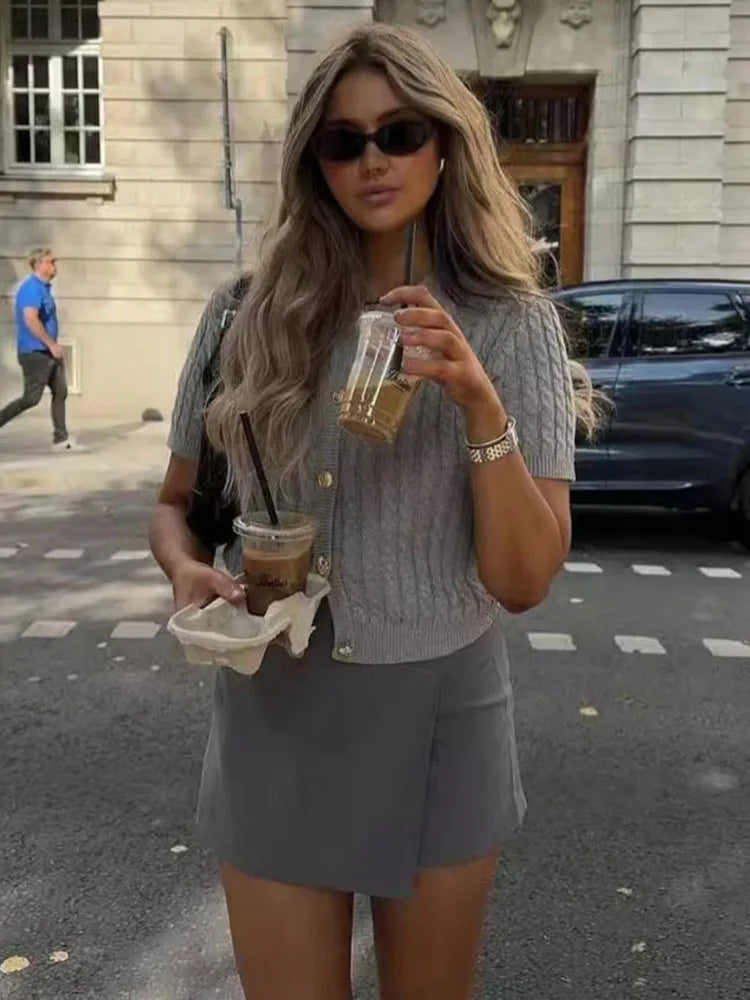 Twist Knitted Short Sleeve Sweater-Top