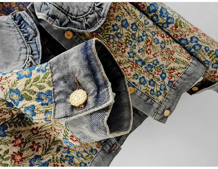 Jacquard Denim Jacket Peter Pan Collar Outwear
