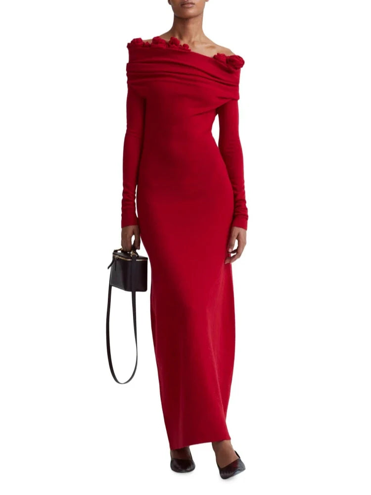 Off-Shoulder 3D Flower Red Velvet Dress