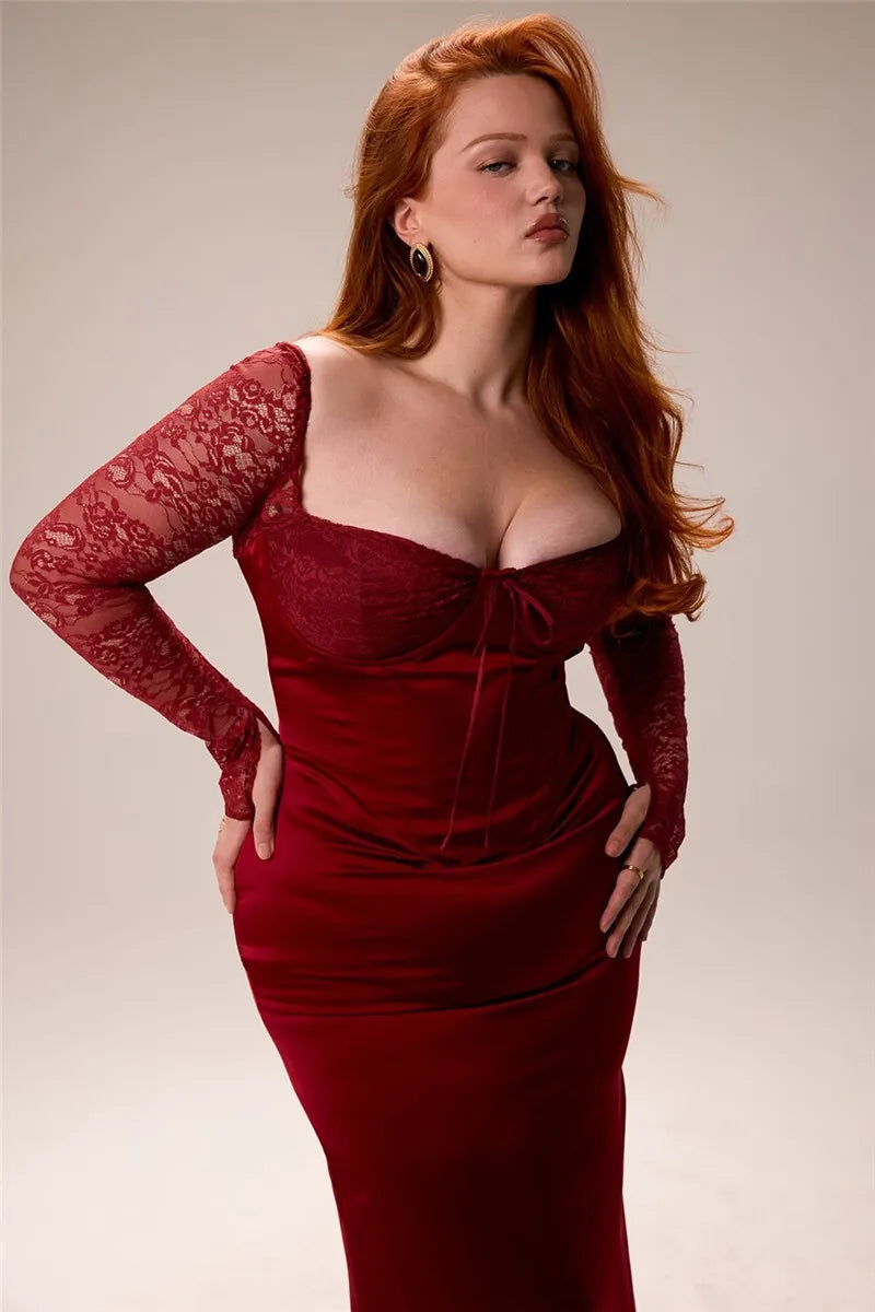Square Collar Lace-Up Backless Long Sleeve Maxi Dress