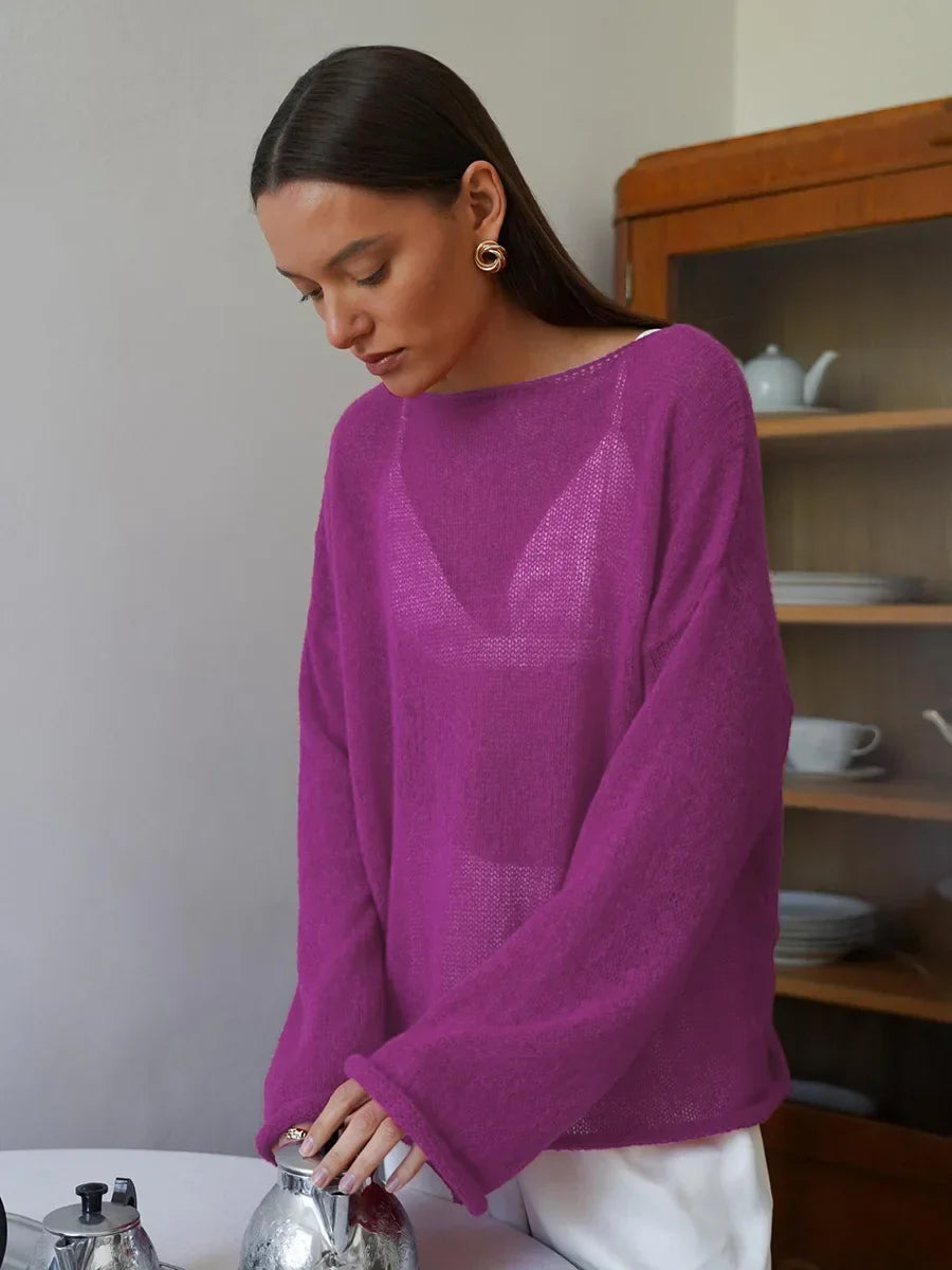 Hollow Solid See-through Long Sleeve Knitted Top