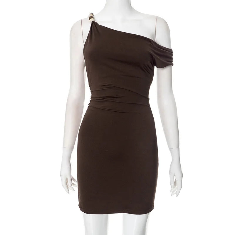 Beaded Asymmetric Slant Neck Mini Dress