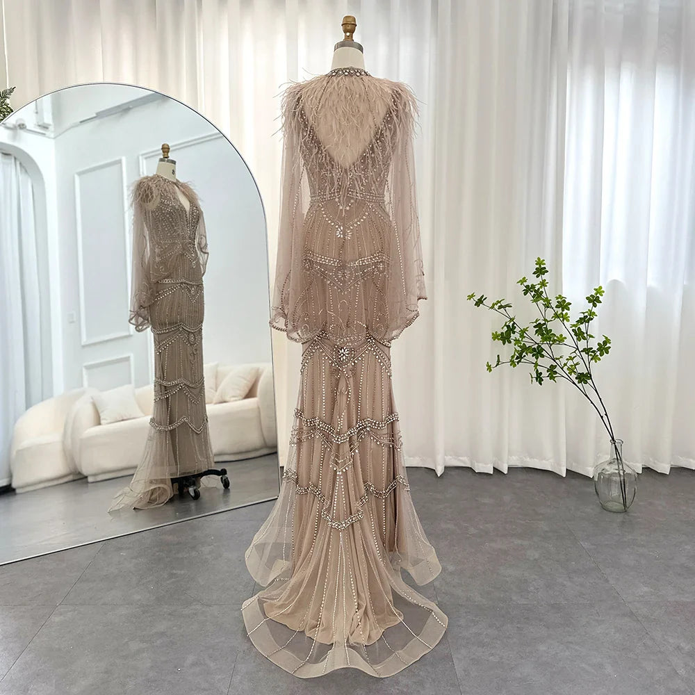 Champagne Feather Cape Mermaid Gown