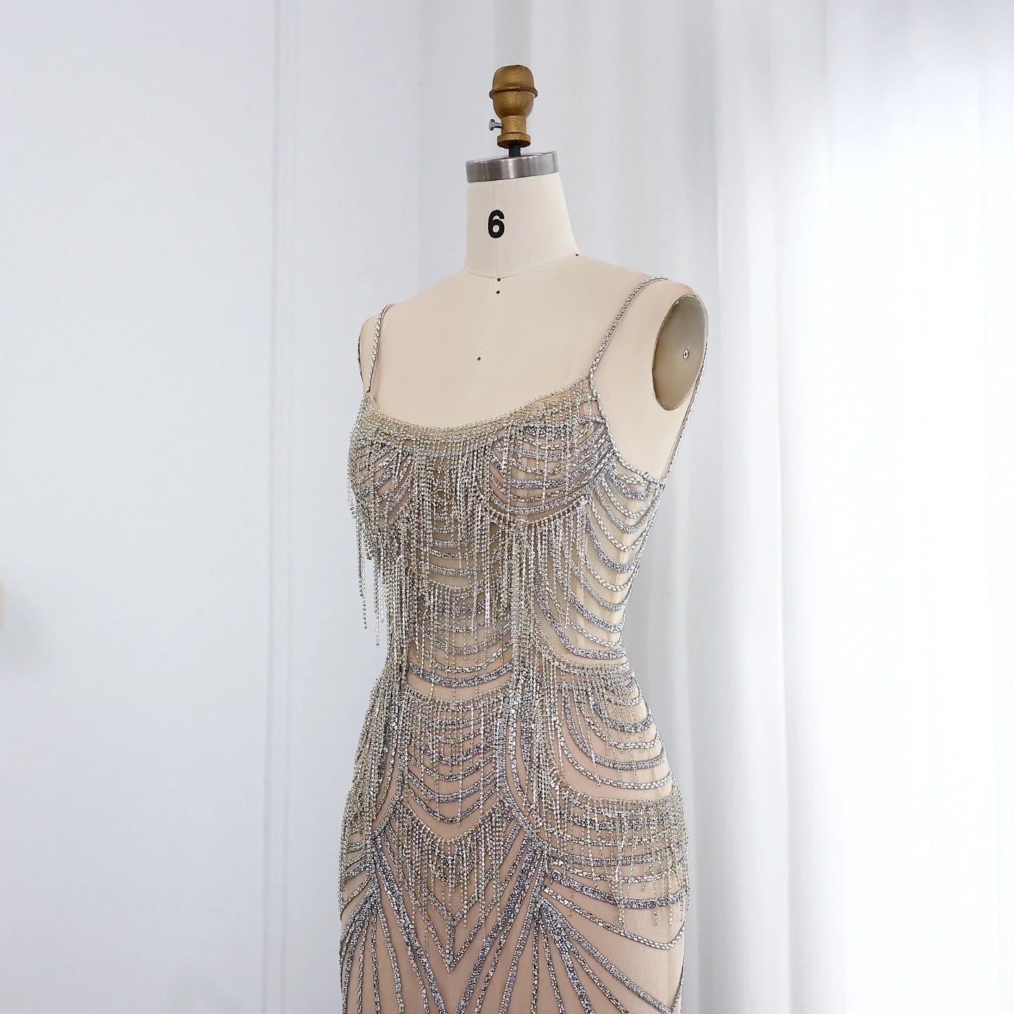 Crystal Tassel Mermaid Spaghetti Straps Gown