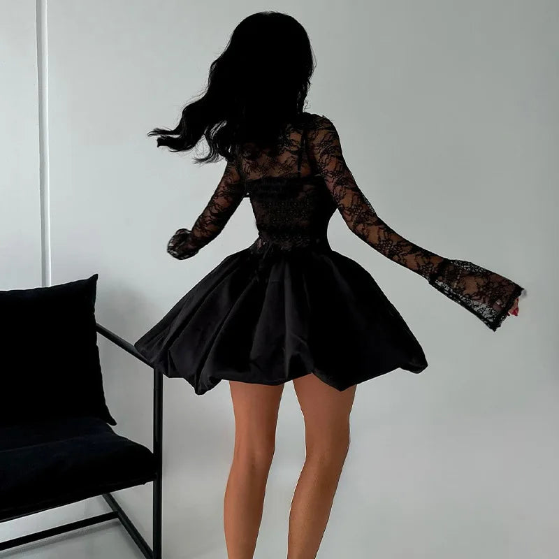 Black Lace Long Sleeve Flare Mini Dress