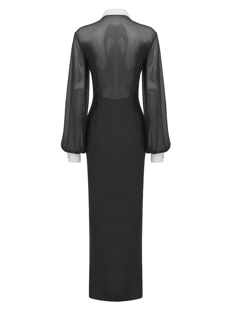 Lapel Mesh Patchwork Button Black Long Dress