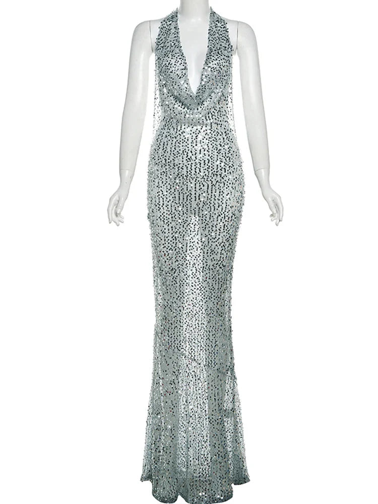 Sequins Crochet Halter Swinging Neck Long Dress