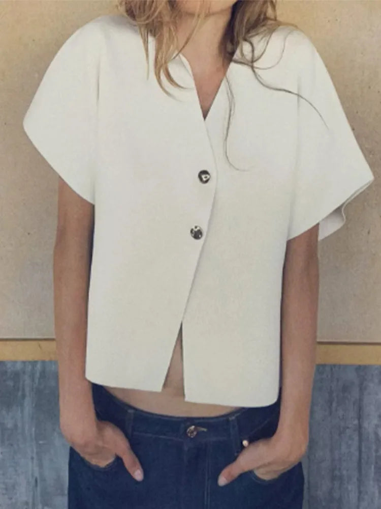 Knitted Flat Pin V-Neck Solid Short Sleeved Tops