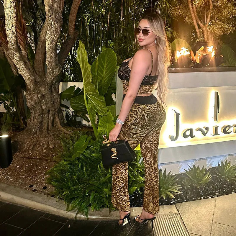 Leopard Print Two-Piece Cami Flare Pantsuit