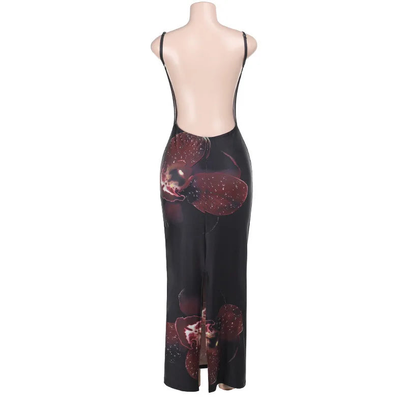 Printed Spaghetti Strap Backless Maxi Party Dress