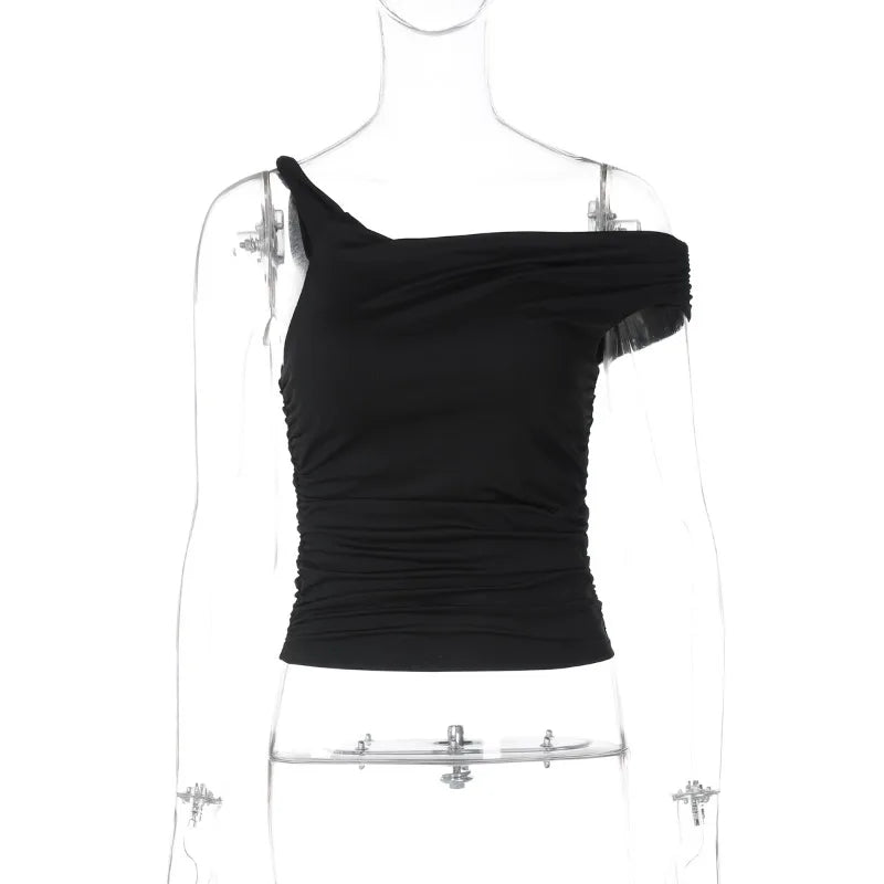 Twisted One Shoulder Asymmetrical Crop Tops Black