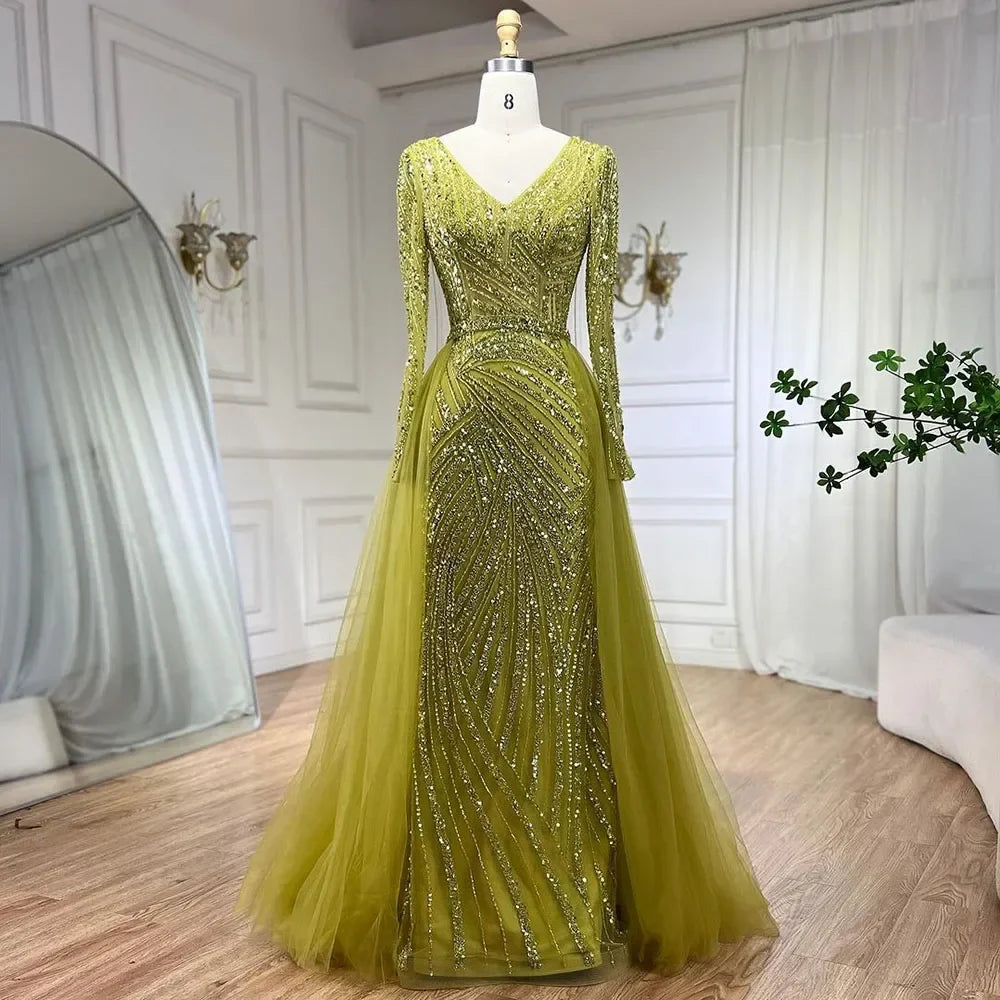 Blue Mermaid Beaded Long Sleeves Evening Gown