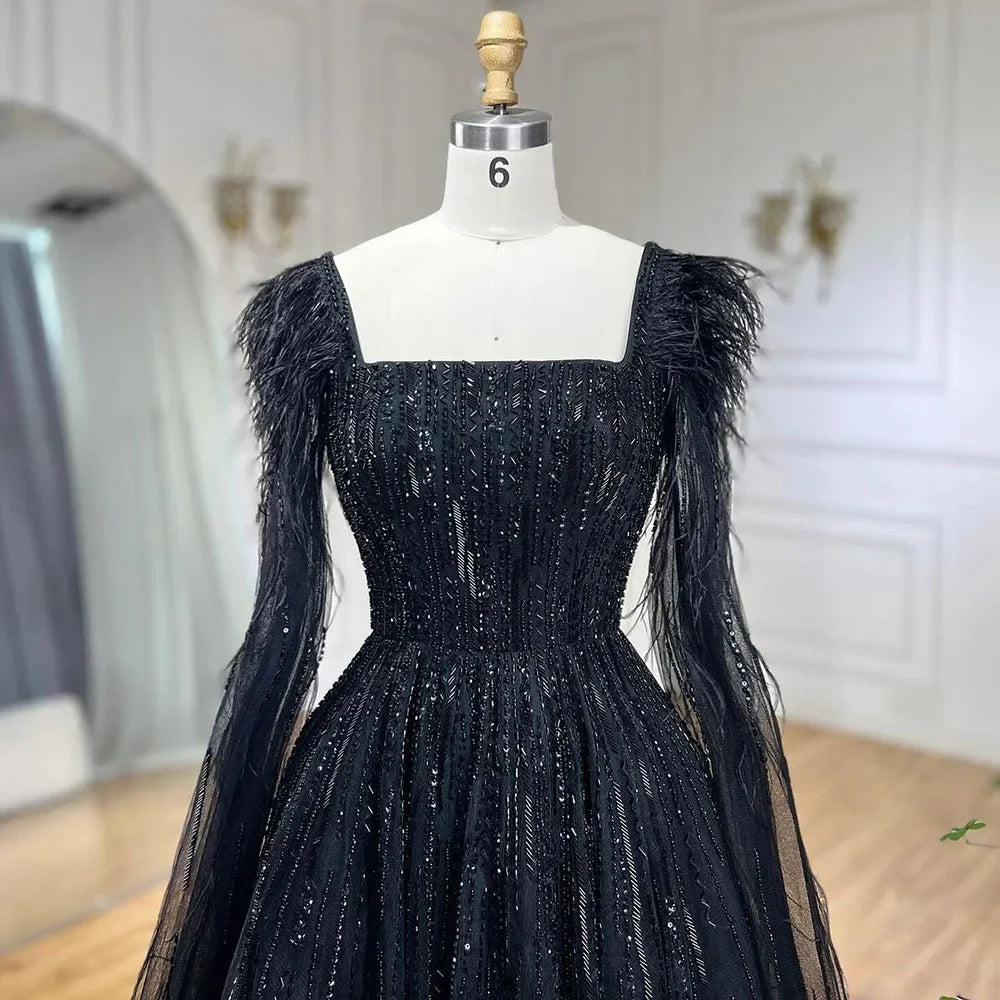 Cape Sleeves Feathers Beaded Evening Dresses