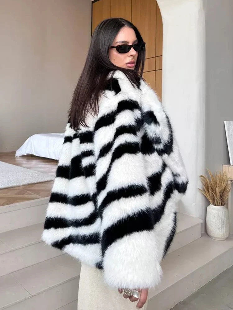 Winter Retro Fur Coat  Zebra Print Mid-Length Cardigan
