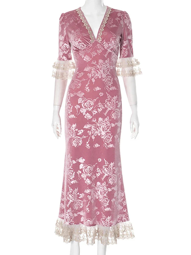 Patchwork Lace Short Sleeve Printed Floral Dress