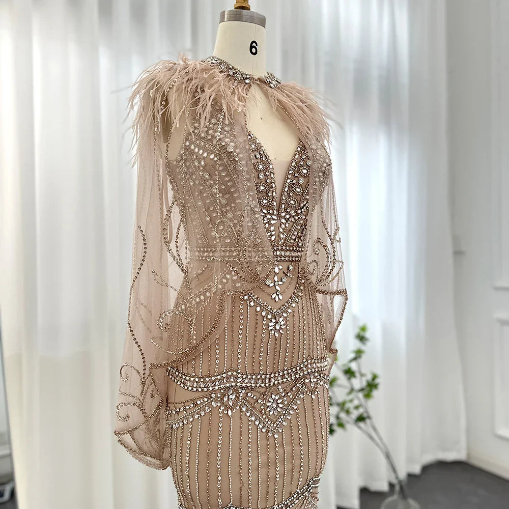Champagne Feather Cape Mermaid Gown