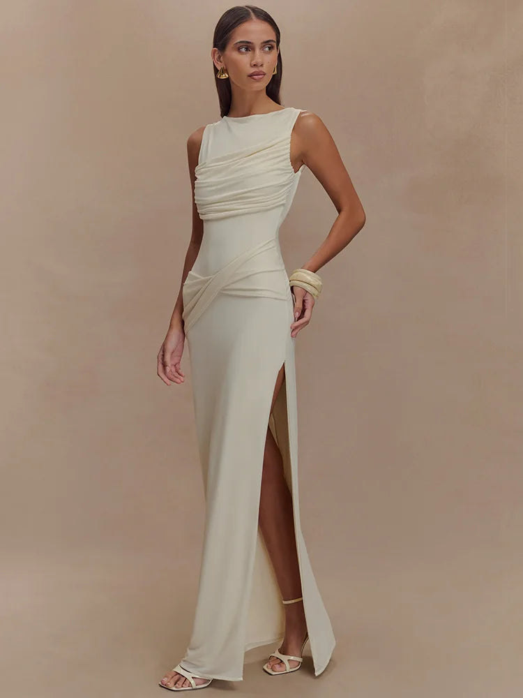 Backless Ruched O Neck Thigh High Split Long Dress