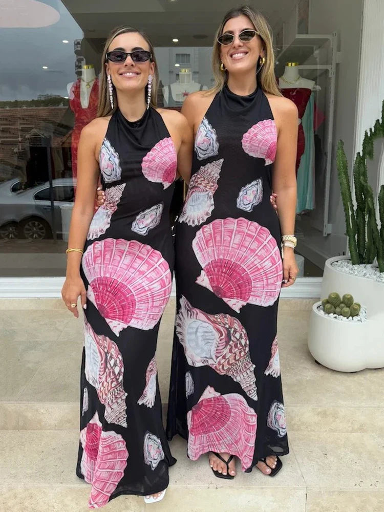 Backless Printed Patchwork Beach Holiday Long Dress