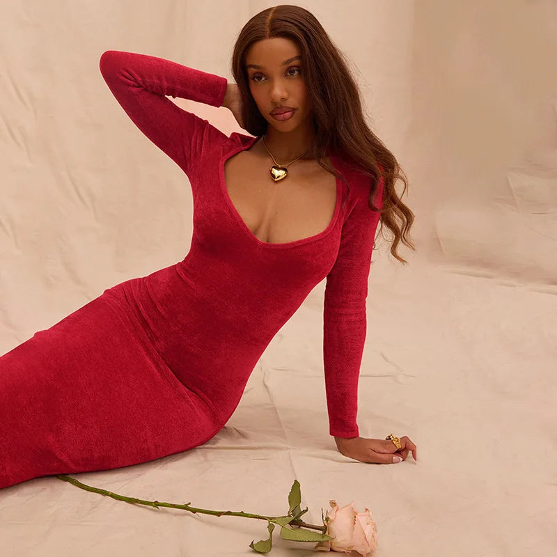 Red Long Sleeve Side Slit Dress