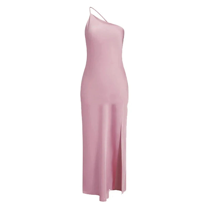 Backless Satin Slant Shoulder Solid Slit Long Dress