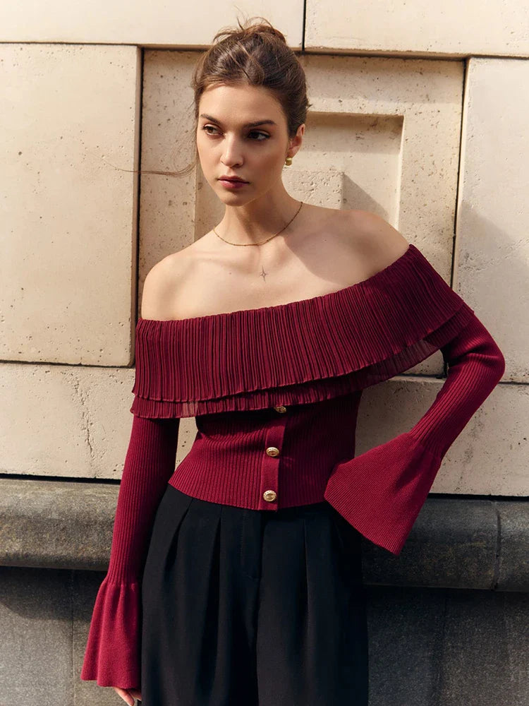 Off-Shoulder Knitted Flare Sleeve Top