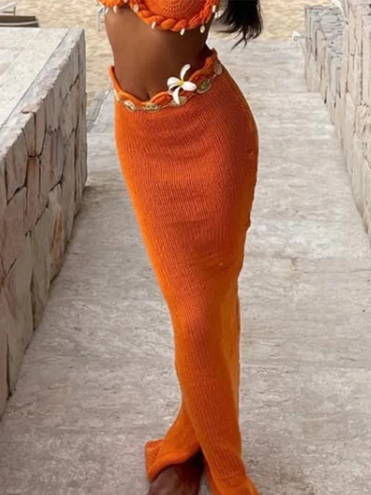 Shell Knitted Halter Top Split Fishtail Skirt Set