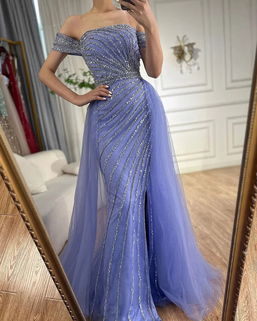 Boat Neck Split Mermaid Elegant Beaded Gowns