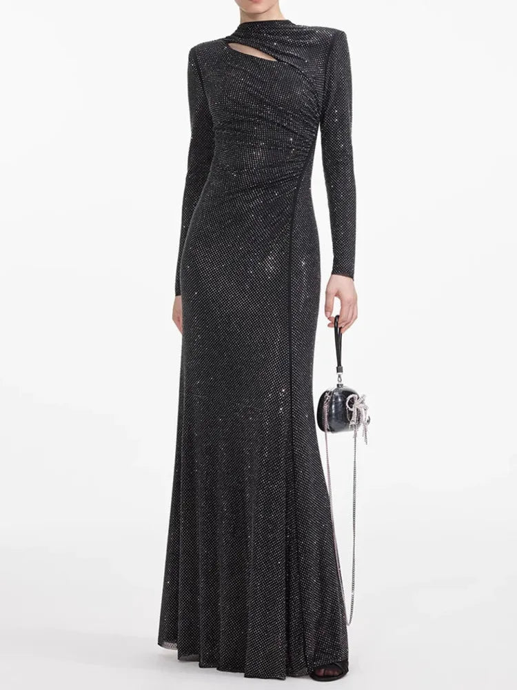 Pleated Diamond Asymmetrical Long Dress