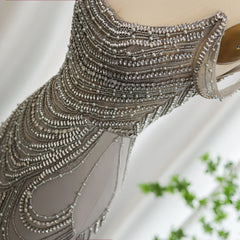 Silver Gray Crystal Mermaid Evening Gown