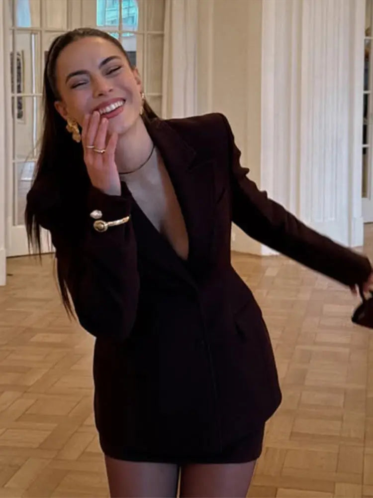 Turn-down-Collar Single Breasted-Top and Mini Skirt Suit