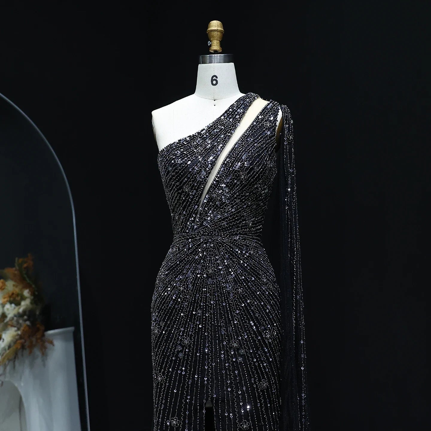 One Shoulder Beaded Mermaid Black Evening Gown with Flowing Cape