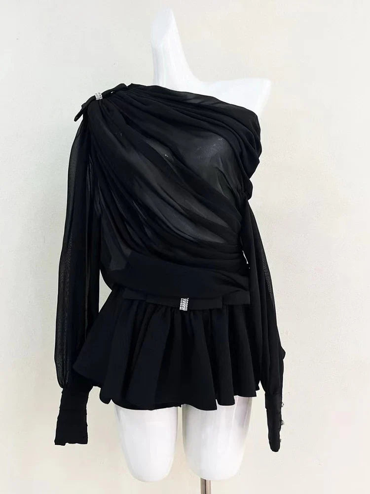 Skew Collar Lantern Sleeve Bowknot Mini Skirt Suit