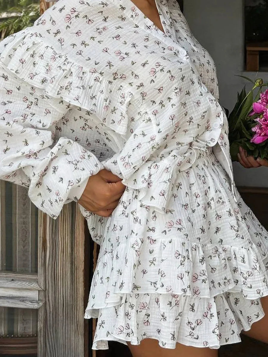 Ruffled Printed Long Sleeve Top and Shorts Sets