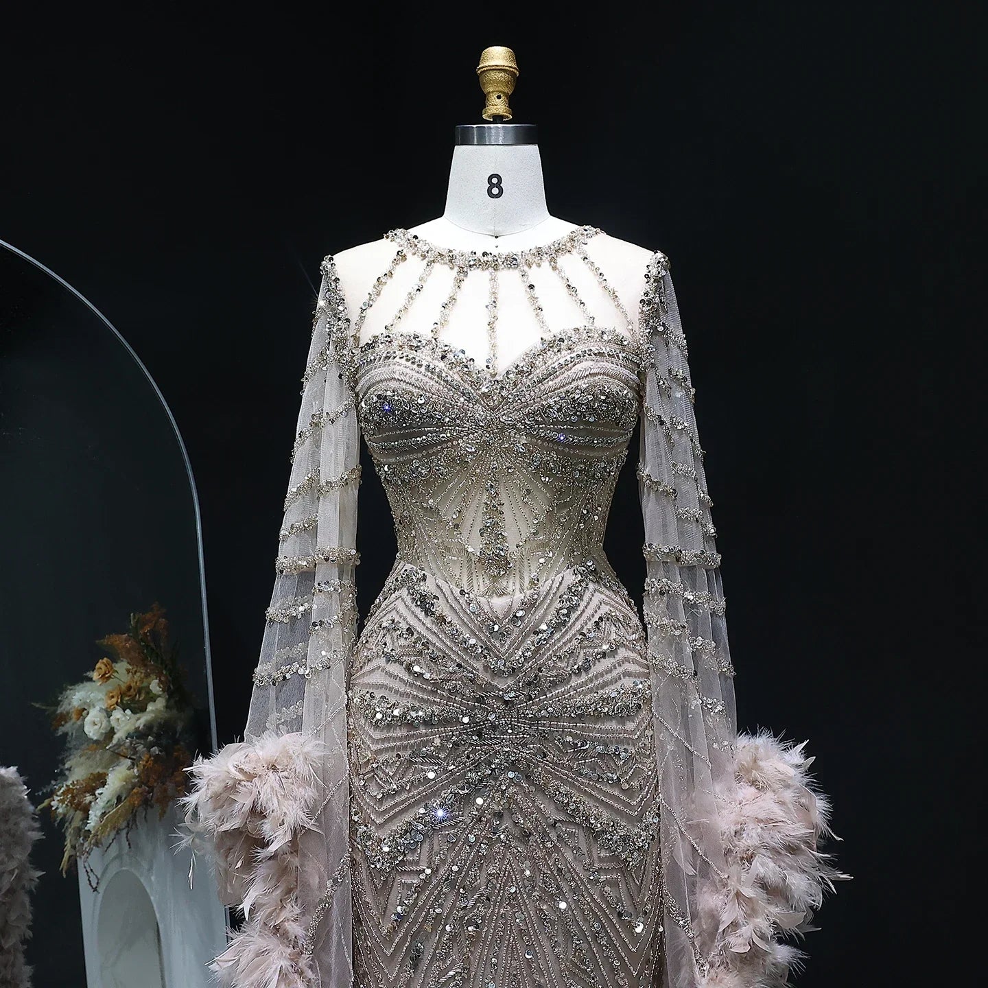 Beaded Mermaid Evening Dress with Feather Cape Sleeves