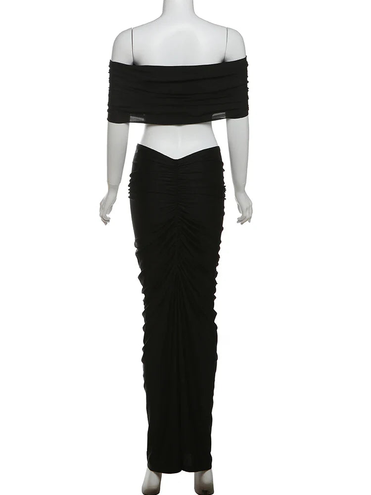 Solid Slash Neck Ankle-Length Skirt Suit