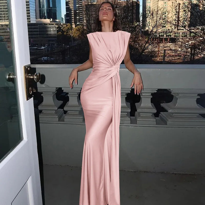 Solid Boat Neck Twist Knot Long Dress